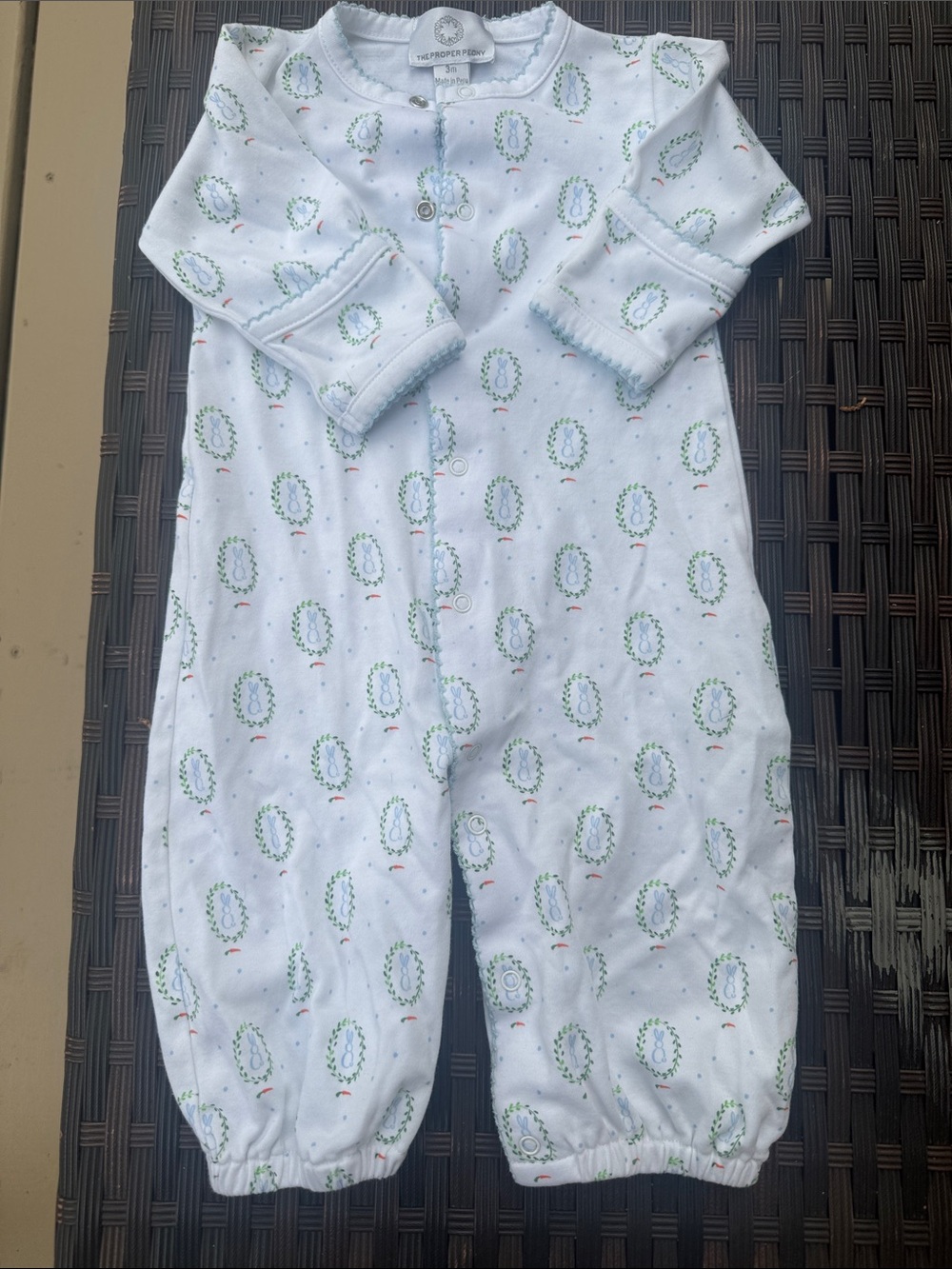 The Proper Peony 3M Long-Sleeve Baby One-Piece Green Wreath Bunny Converter Gown